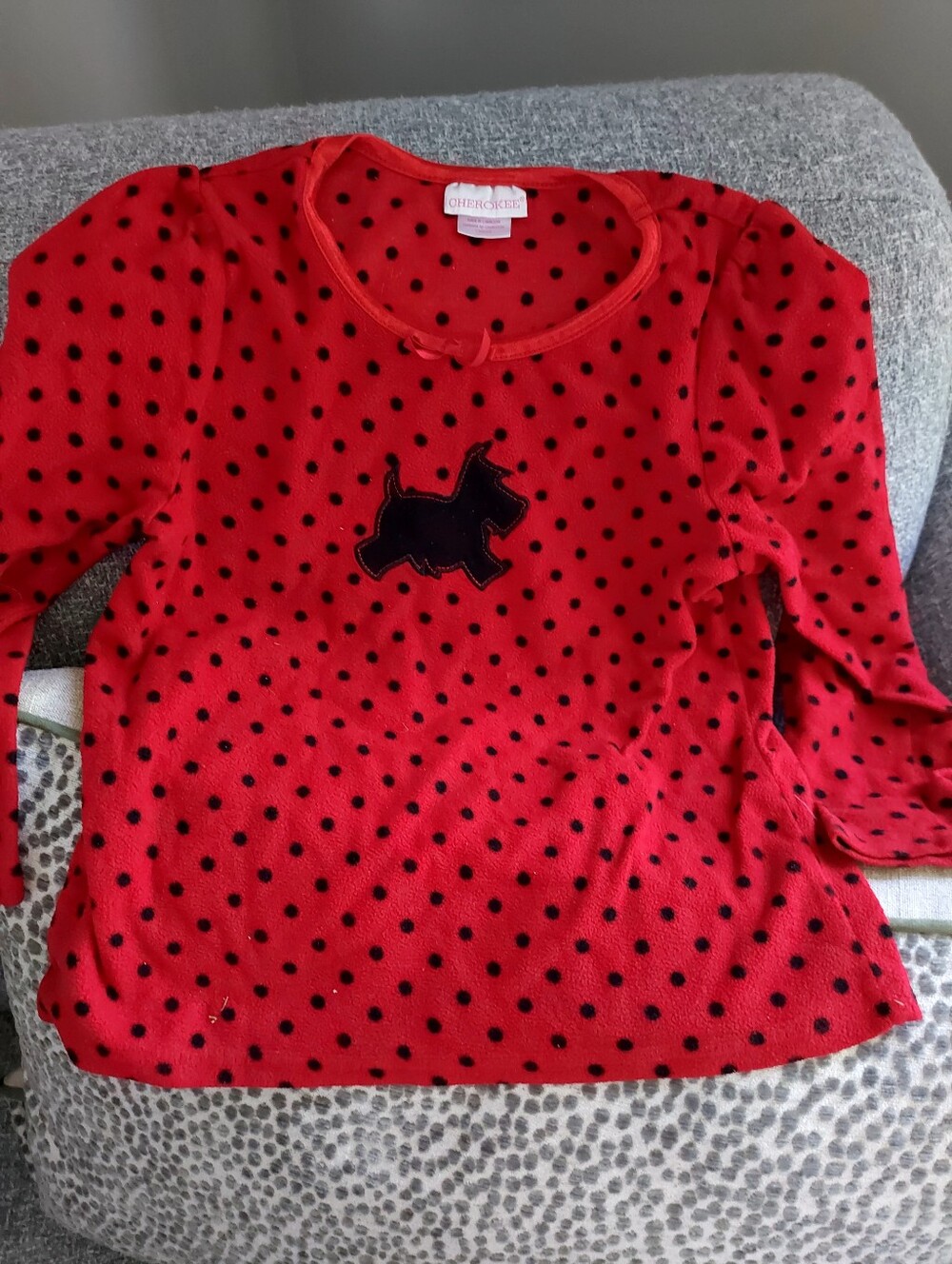 Cherokee Red Long-Sleeve Polka Dot PJ Top with Black Scottie Applique